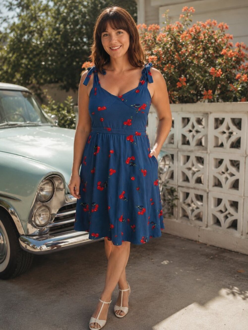 MODCLOTH Blue Cherry Print Dress Size Large